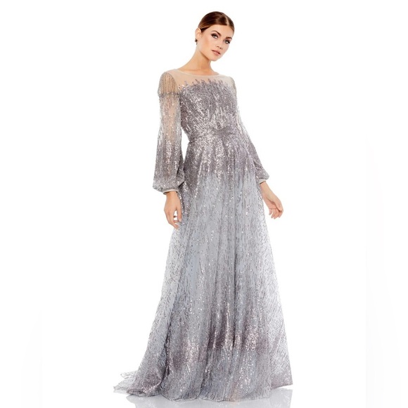 *Flawed Mac Duggal 20307 JEWEL ENCRUSTED ILLUSION LONG SLEEVE A LINE GOWN
